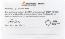 1g Goldbarren Heimerle und Meule Alles Gute zur Hochzeit FineCard