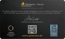 1g Goldbarren Heimerle und Meule Secain Card