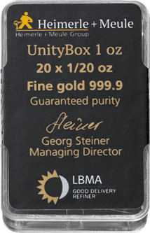 20 x 1/20 Unze Goldbarren Heimerle und Meule Unity Box